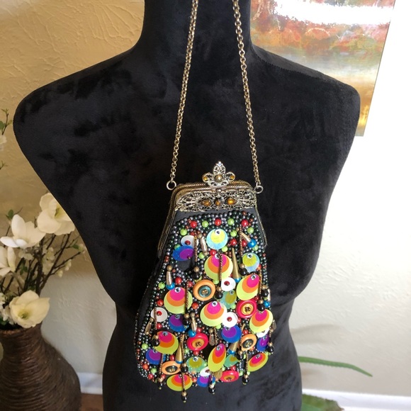 VTG Beaded Multicolored Handbag w/ Metal Flower - Picture 2 of 8